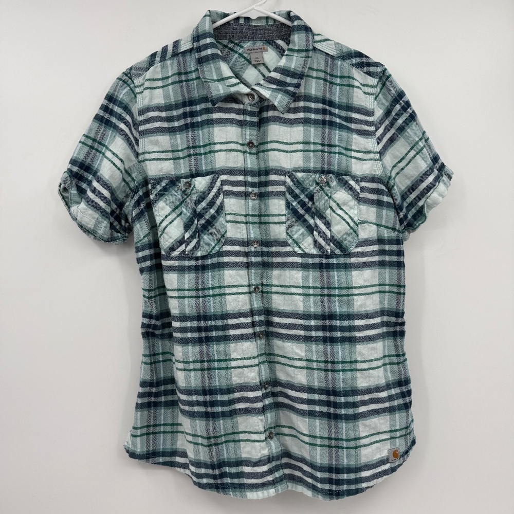 Carhartt Top Women XL Blue Plaid Brogan Button Up Short Sleeve Cabin Outdoor
